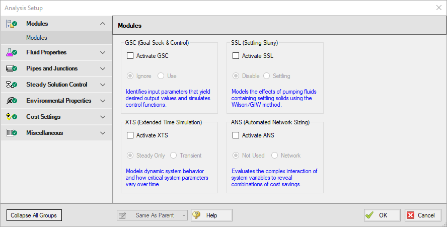The default state of the Modules Panel in Analysis Setup.